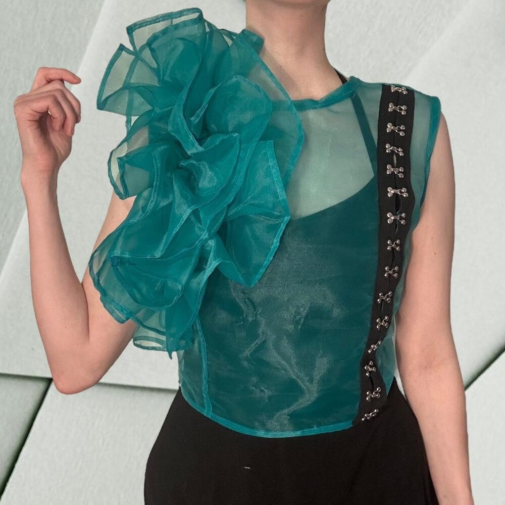 Morgan Grabarz Teal mesh ruffle top with black eyelet closure detail size S